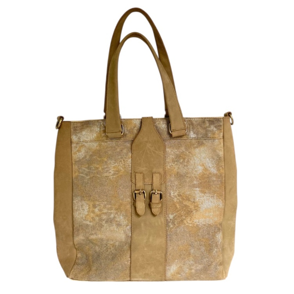 Anthropologie Jesslyn Blake Foundry Bag Taupe Gold Silver leather canvas